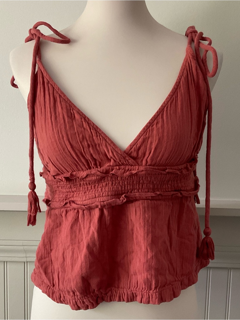 Roxy Rust Cotton Gauze Tie Shoulder Tank Top Smocked Boho Crop